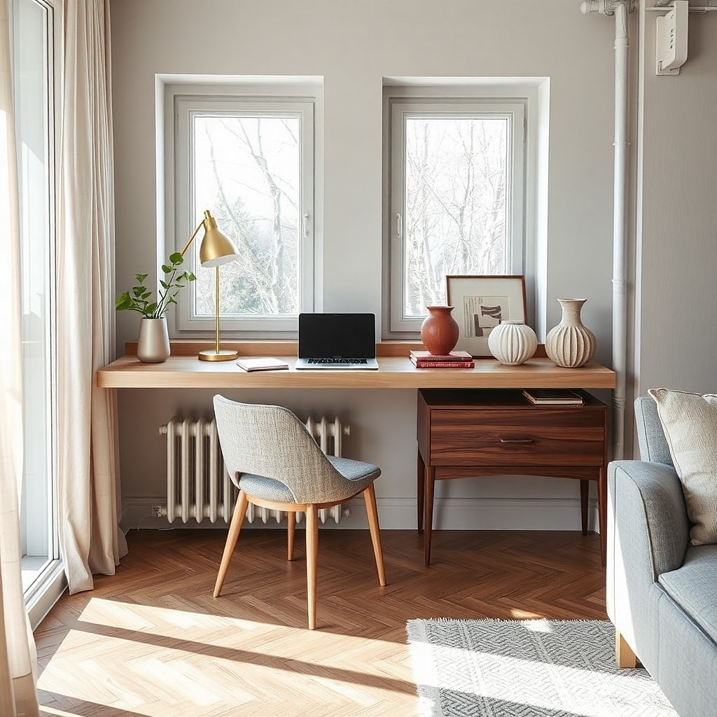 Bay window with slim floating desk and simple chair