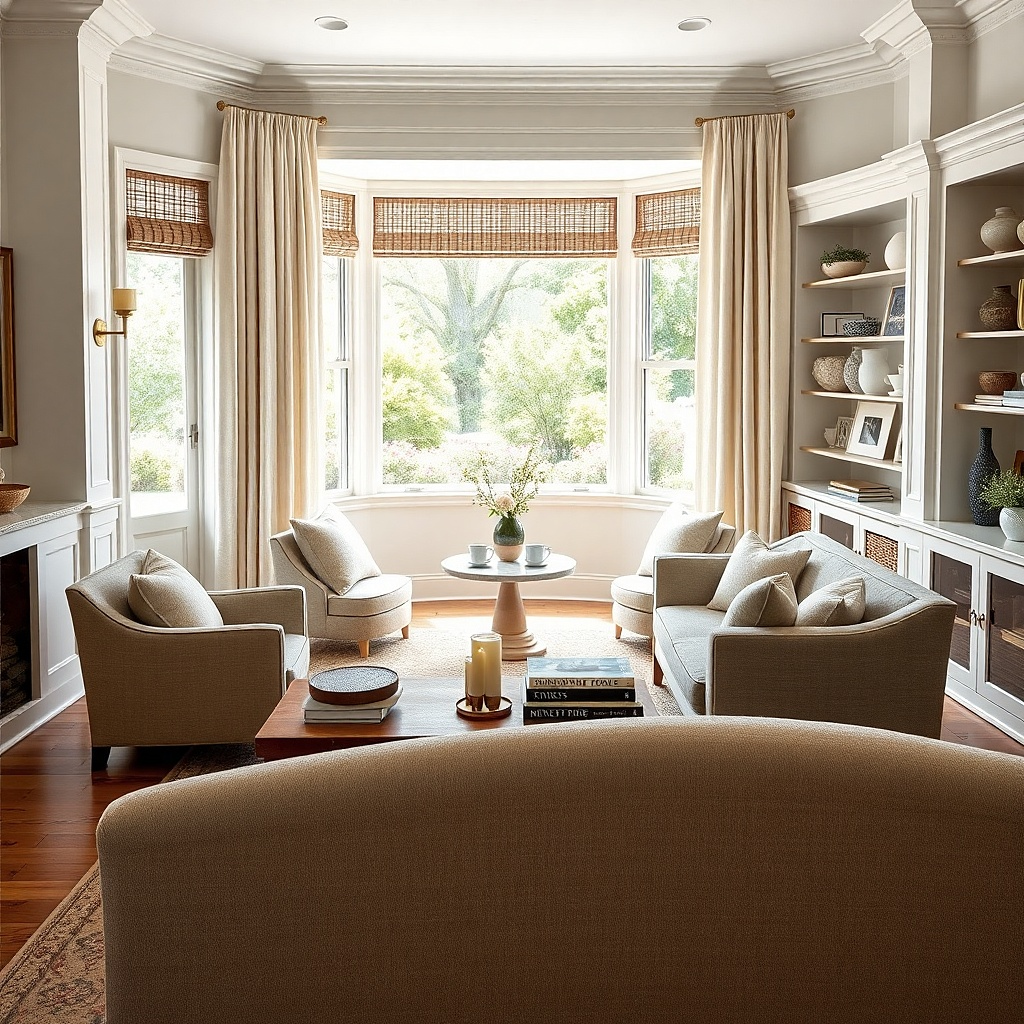 Small bay with two armless chairs and a round side table