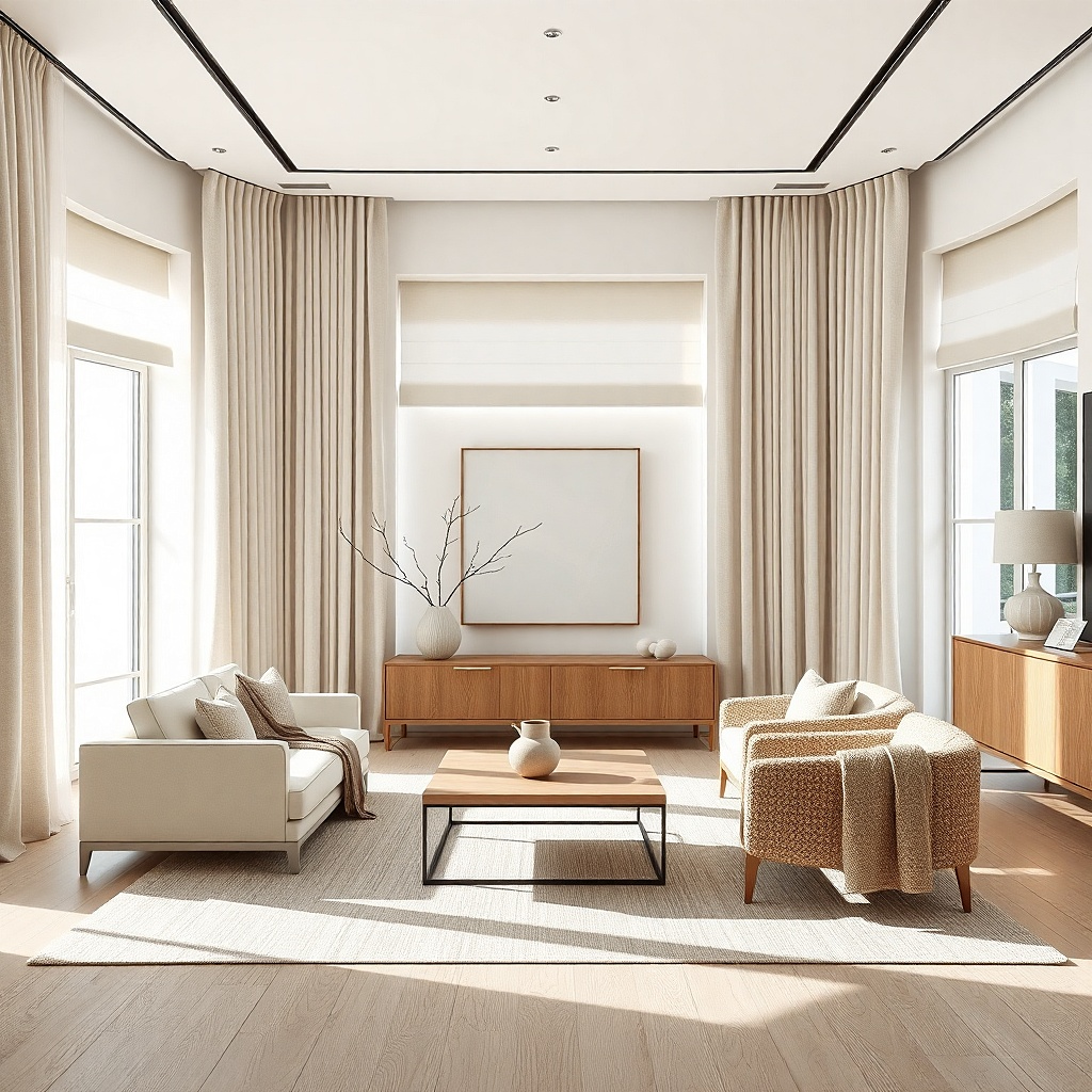 Modern bay window with ceiling track and off-white curtains