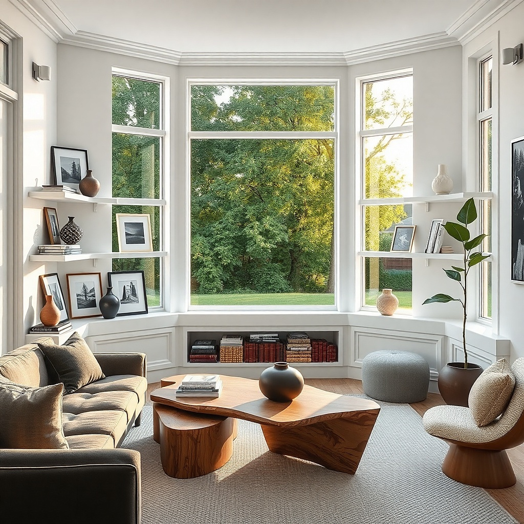 Bay window with slim wood ledges holding framed art and ceramics