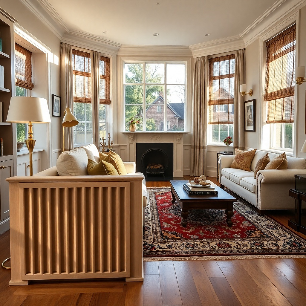 Bay window radiator cover bench with slatted wood front