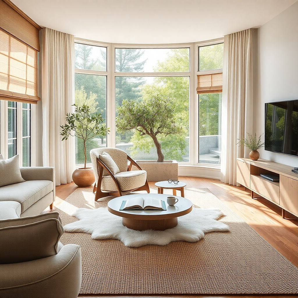 Bay window with one sculptural lounge chair and small side table