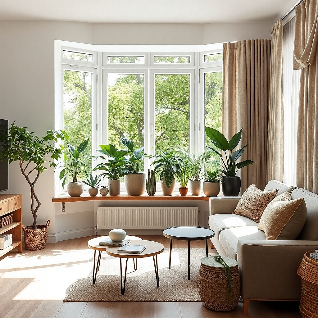 Small bay window with black shelf and grouped green plants