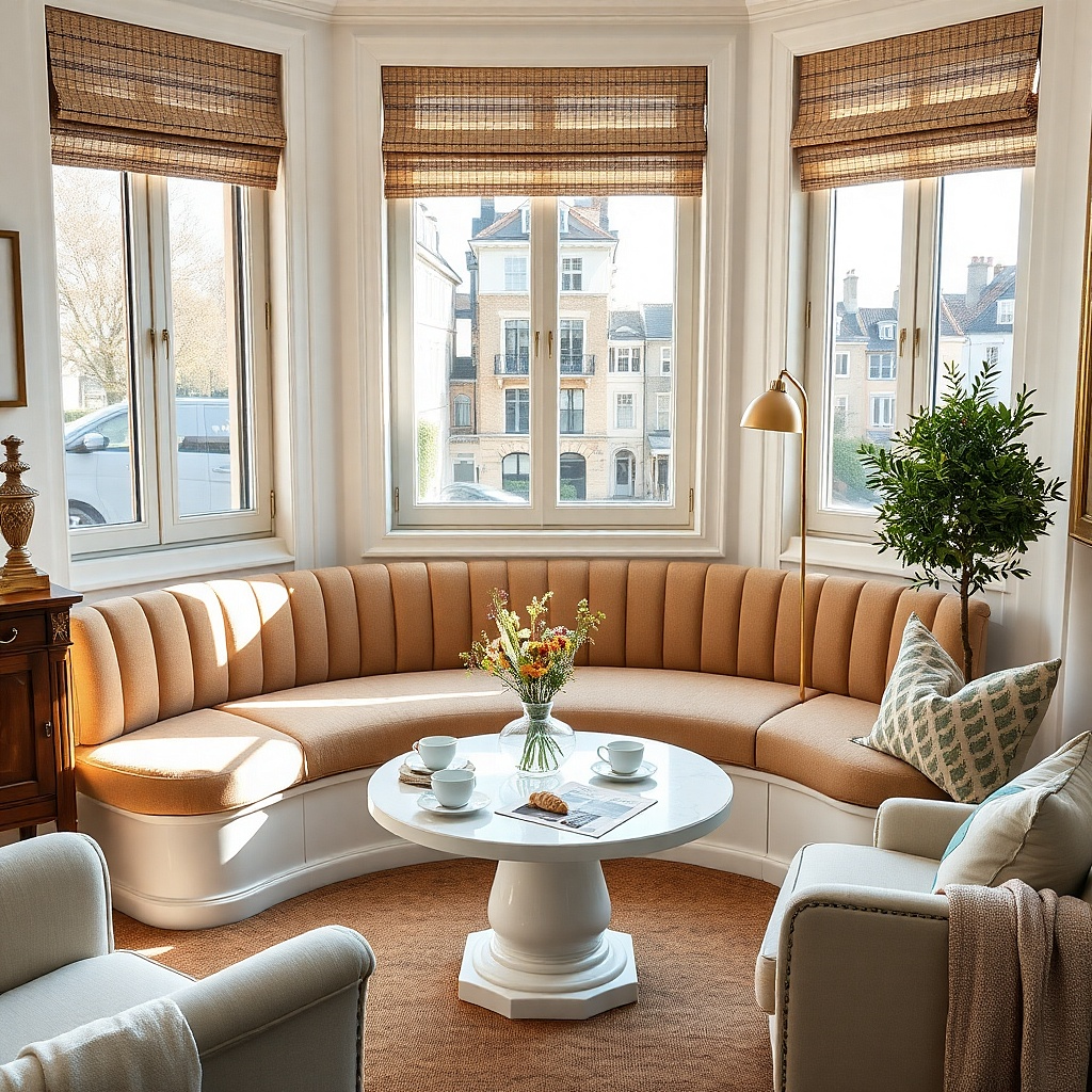 Bay window bench with hidden storage and neutral cushions