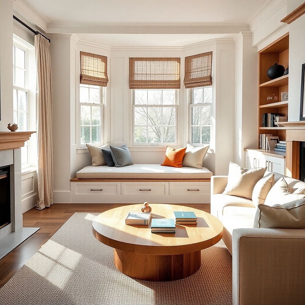 Bay window daybed with warm white mattress cushion and camel pillows