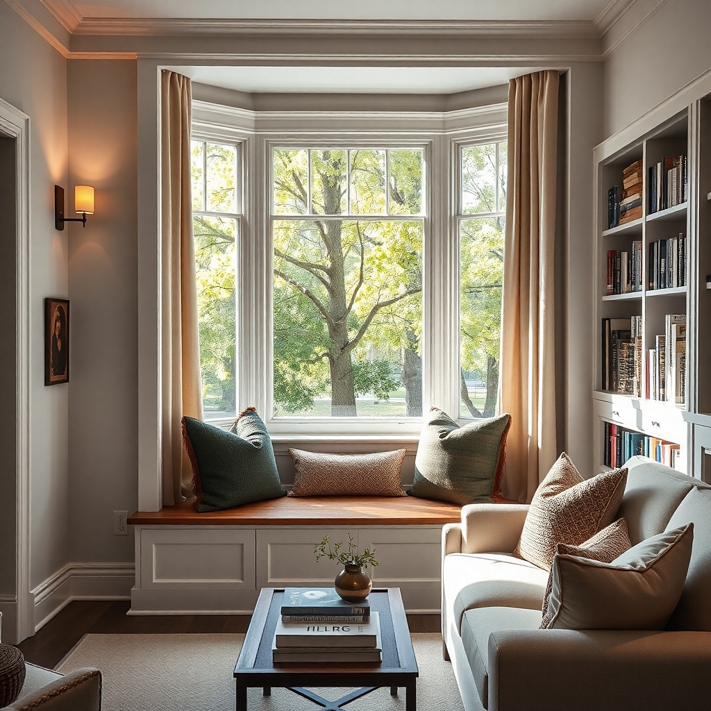 Small bay window with taupe roman shades and plain bench