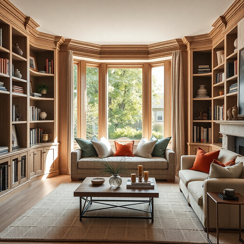 Bay window sitting area with round table and curved rug edge