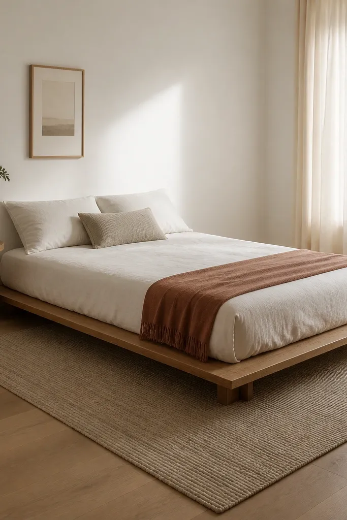 Low slatted bed frame with light bedding and visible floor space underneath
