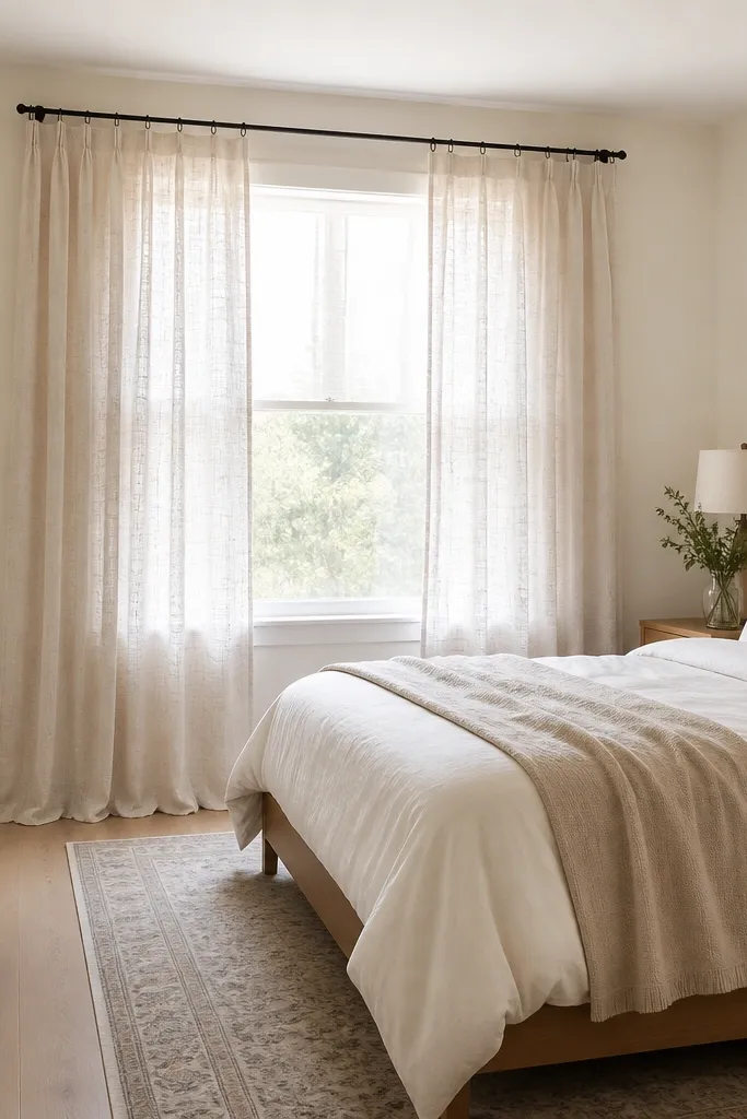 Light sheer curtains hanging from a high rod with soft floor-length drape