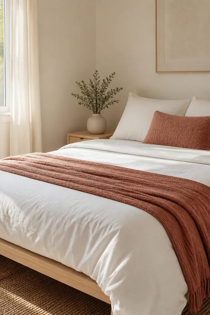 Warm white duvet with textured throw and two neutral pillows