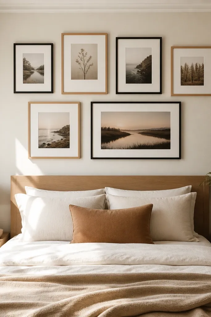 Three framed prints arranged in a clean grid above a bed