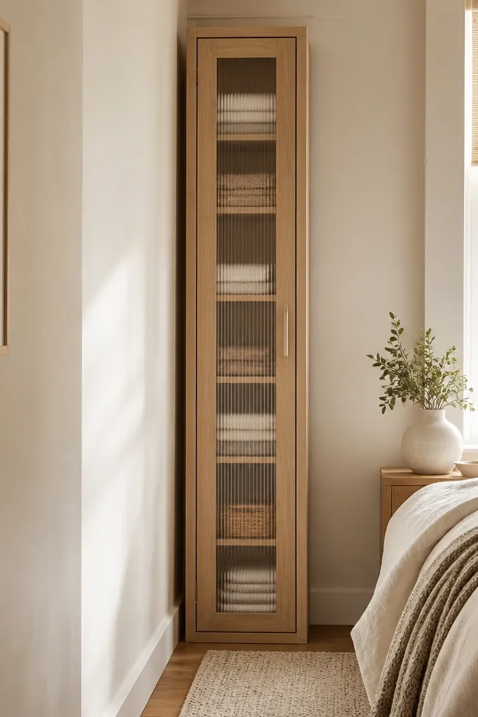 White tall narrow cabinet with linen shelves in a small bedroom corner