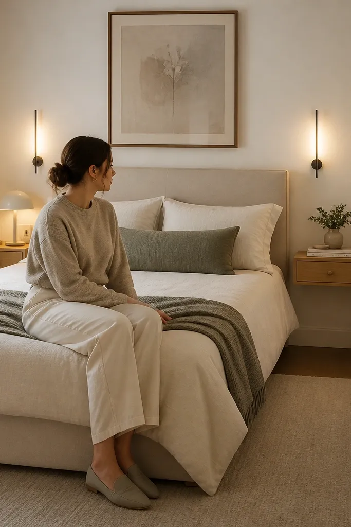 Floating nightstand on the wall with a drawer and a slim lamp