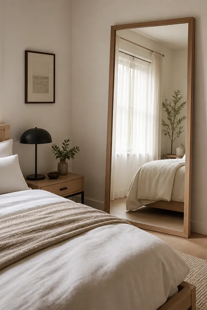 Tall arched mirror reflecting a window and soft neutral decor