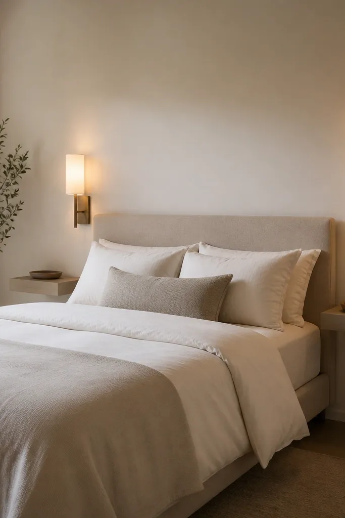 Wall sconce lighting next to the bed with neutral bedding