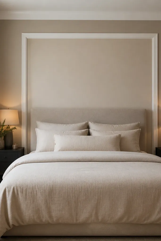 Soft painted accent wall behind the bed with warm white bedding