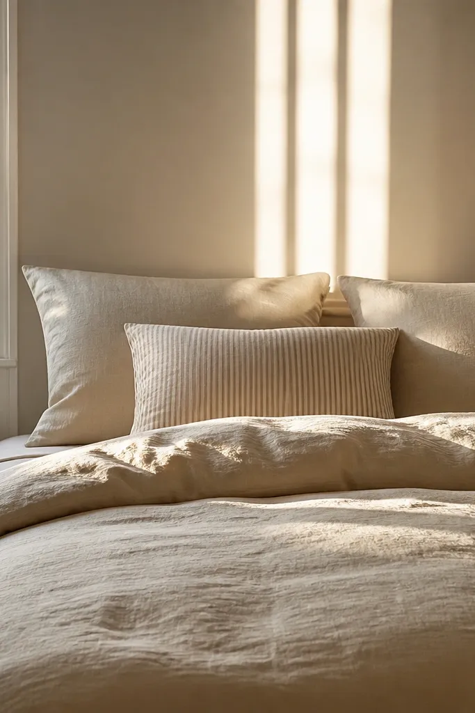 Neutral bedding with one striped pillow in a vertical pattern