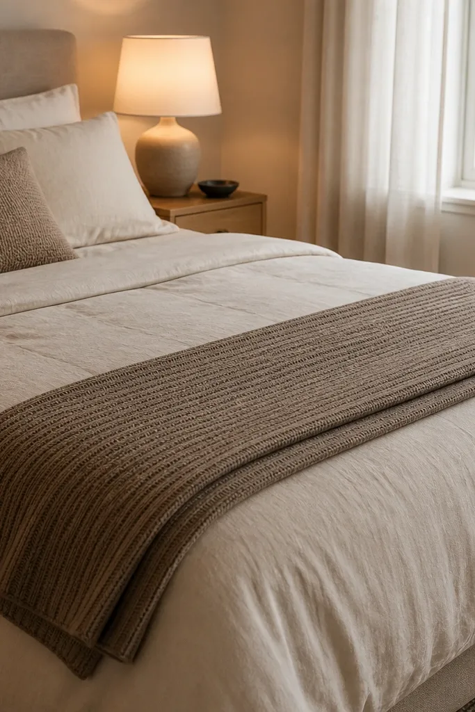 Ribbed knit throw neatly folded at the foot of the bed