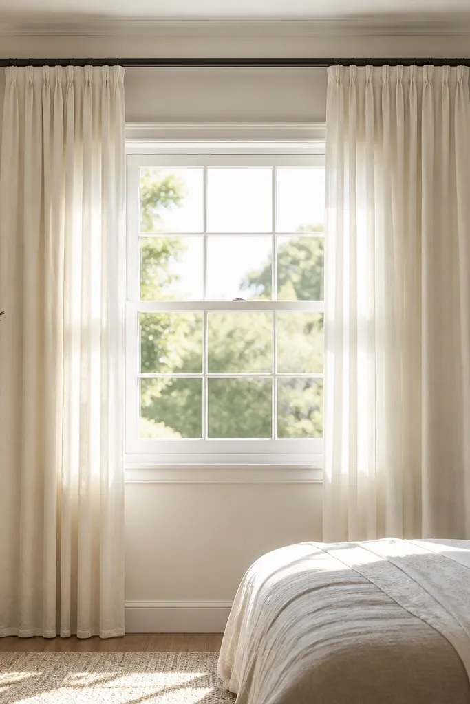 Window with rod mounted high and curtains extending beyond the frame