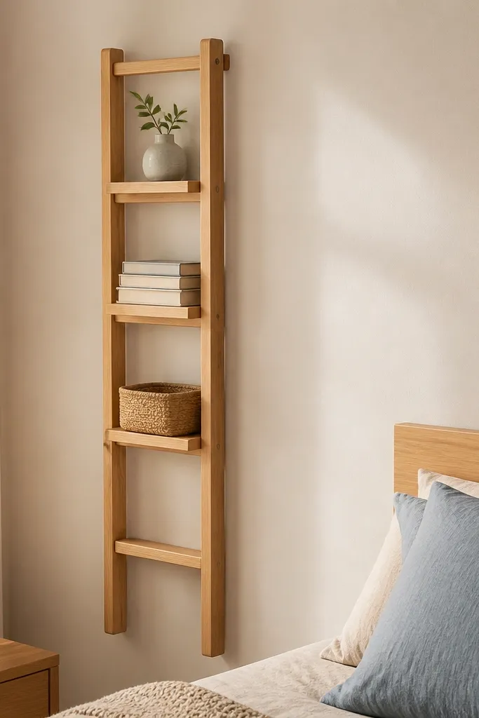 Narrow ladder shelf on a wall with folded baskets and books