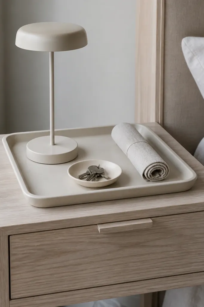 Bedside table with a neutral tray holding a lamp, book, and small items