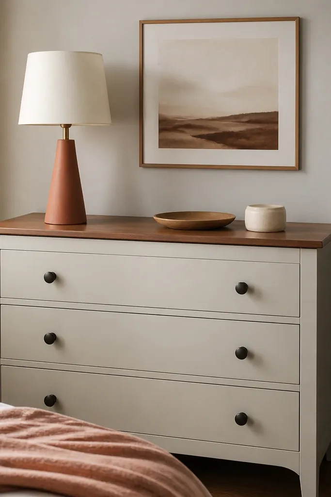 Dresser styled with a lamp, framed print, and neutral accessories