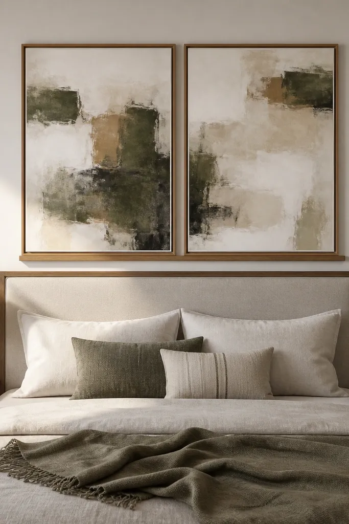 Two small framed artworks on a wall above the bed with narrow alignment