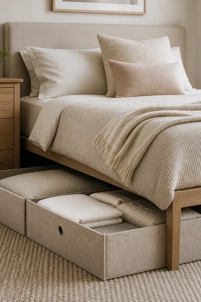 Under-bed drawers or fabric bins in matching tones with bedding
