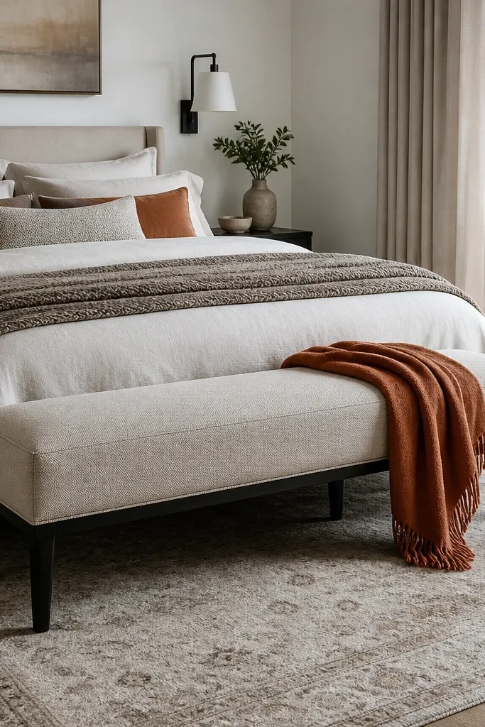 Small bench at foot of bed with a single neutral throw