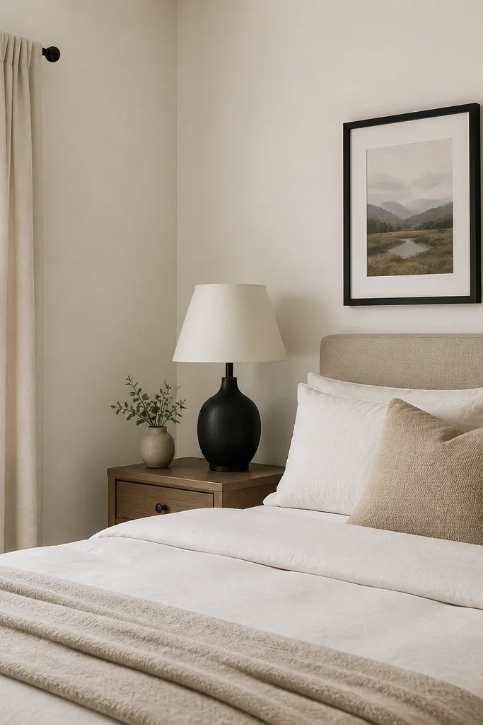 Warm white bedroom with matte black lamp and frames in a small layout