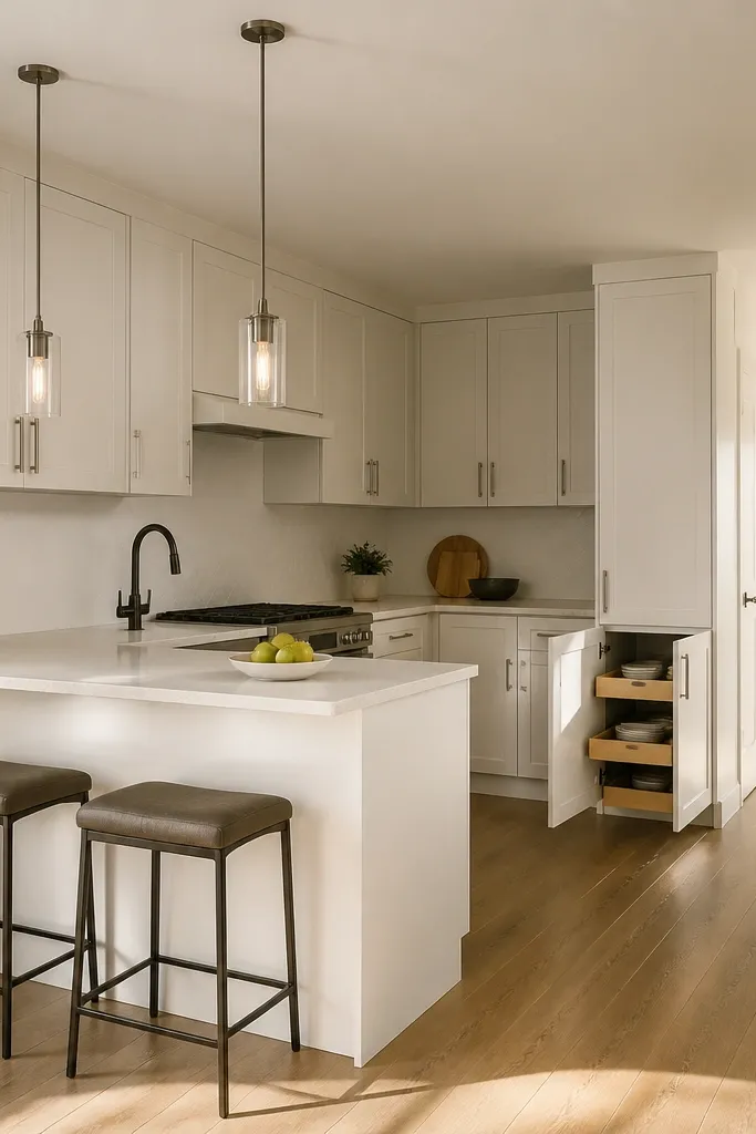 A compact L-shaped kitchen with white shaker cabinets and a 30-inch-wide peninsula extending toward the camera. Light wood bar stools sit at the peninsula, and two matching black gooseneck pendants hang above a light quartz countertop. The backsplash is small-format white subway tile with a thin gray grout line, and a narrow runner in muted blue runs in front of the peninsula.