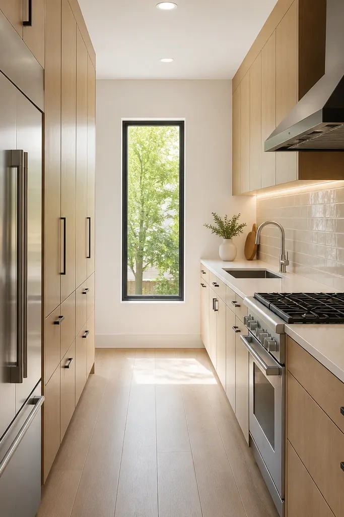 A narrow galley kitchen with tall cabinetry on the left, including a full-height fridge and pantry. The backsplash runs uninterrupted from sink to stove using long, thin tiles in warm white. On the right wall are open shelves near the ceiling and a small art print above a narrow coffee station. Recessed lighting lines the ceiling, and a runner rug sits on the floor down the center.