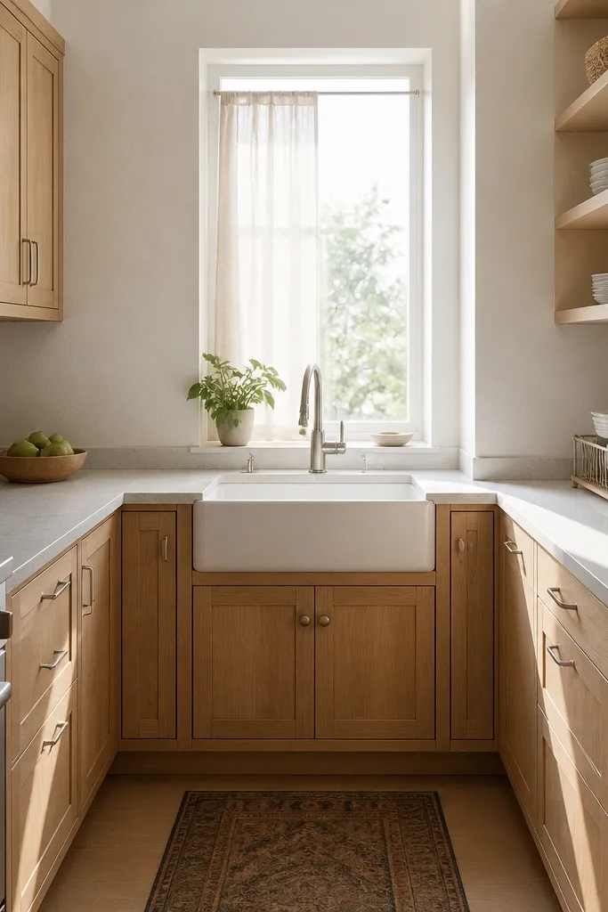 A compact U-shaped kitchen with a farmhouse sink centered under a window. The window has a slim white Roman shade, and the backsplash matches the cabinet hardware in brushed nickel. Open shelving above the side counter holds matching ceramic canisters. A small round table sits just off the U with a light linen runner on top, and a single pendant hangs over the table.