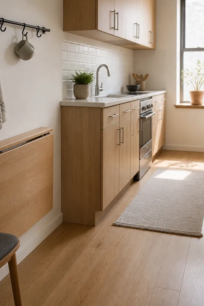 A narrow single-wall kitchen with gray cabinets and a white quartz countertop. A slim wall-mounted rail runs under the upper cabinets, holding mugs and utensils. Beside the counter is a 24-inch-wide drop-leaf table folded down for dining. The backsplash is a glossy cream tile with a simple pattern, and the floor has a small checkered rug near the table.