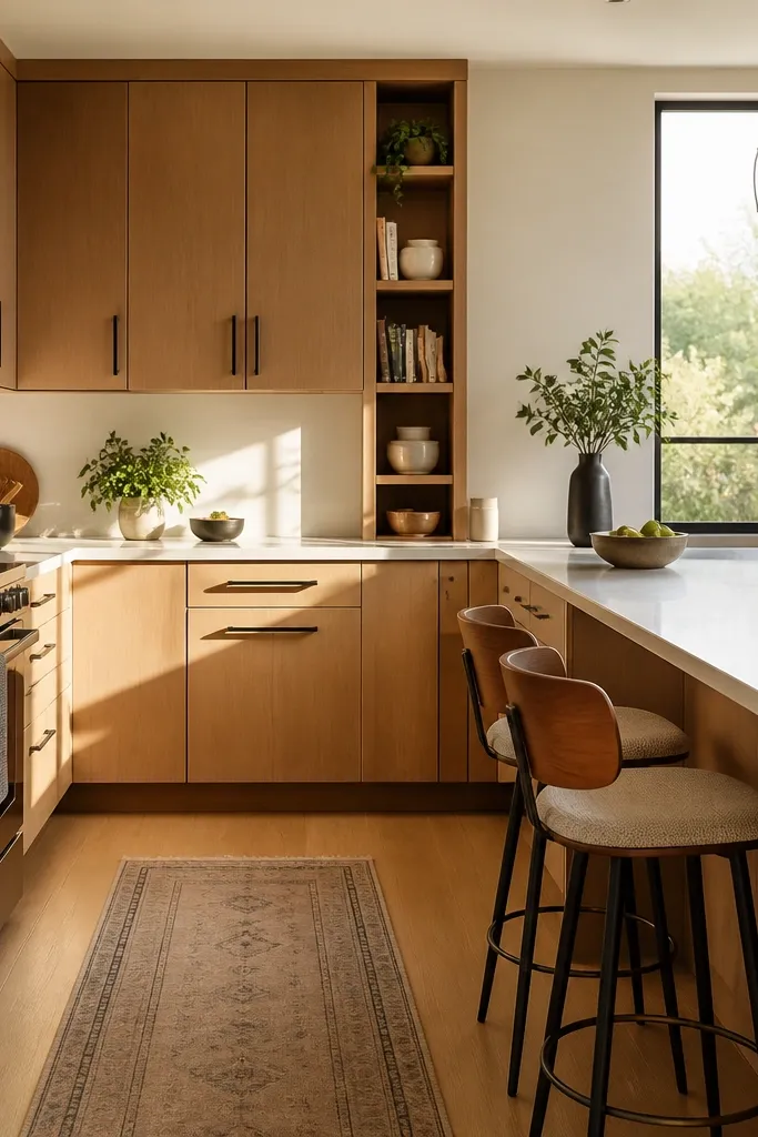 An L-shaped small kitchen with warm wood floors, white cabinets, and a narrow 12-inch recessed niche between the counter and a tall cabinet. The niche has open shelves with small olive oil bottles and a ceramic vase. A counter-height bar wraps the corner with two bar stools, and the backsplash is a beige tile with a subtle texture. A small clock and a framed menu sit on the wall above the bar.
