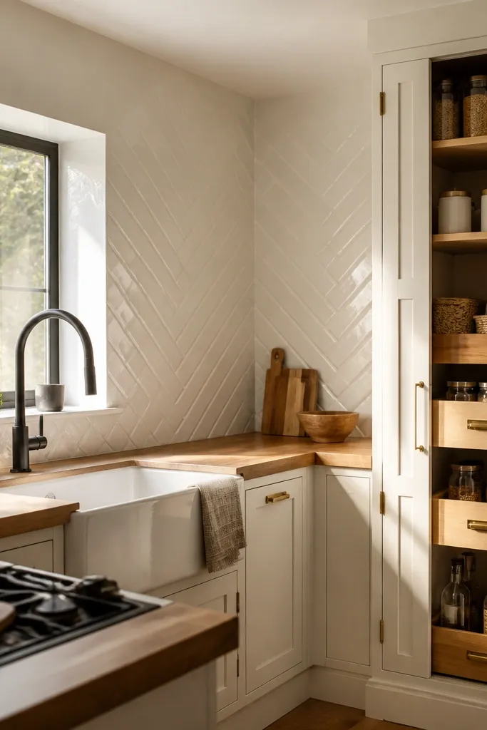A small kitchen with a corner sink set into the L-shape, faucet centered at the corner. The backsplash uses diagonal-pattern tile in soft white and light gray, creating a diamond effect. A tall pantry cabinet stands next to the fridge area, and a narrow pull-out trash bin sits under the corner counter. A single pendant light hangs over the main counter, and a small plant sits on a tray near the sink.