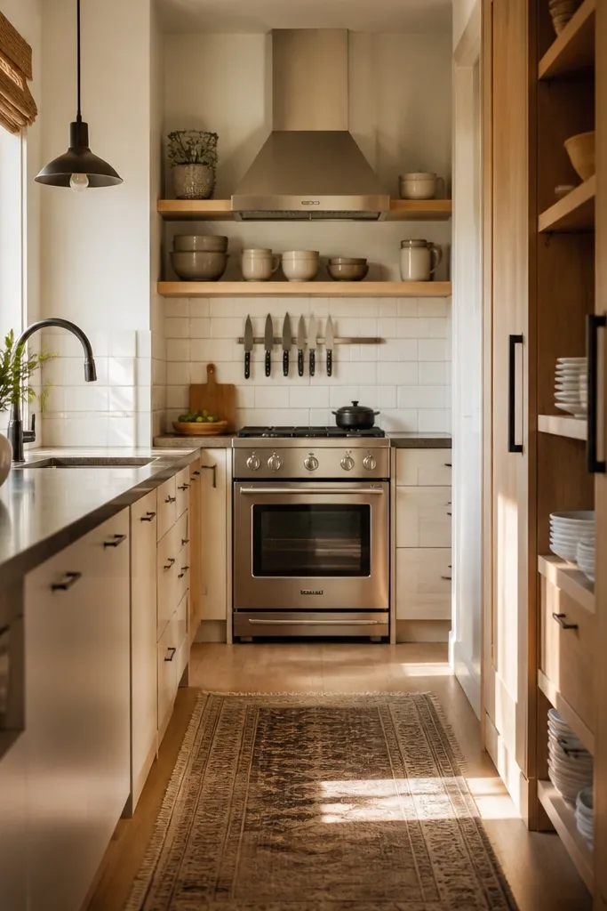 A straight galley kitchen with light wood shelves above the stove area. A magnetic knife strip runs beside the backsplash, holding slim knives in stainless. The stove is under an exhaust hood, and the backsplash is a simple white tile with a gray grout line. The counters are mostly clear except for a cutting board and a small canister set. A single pendant light hangs over a tiny bistro table at the far end.