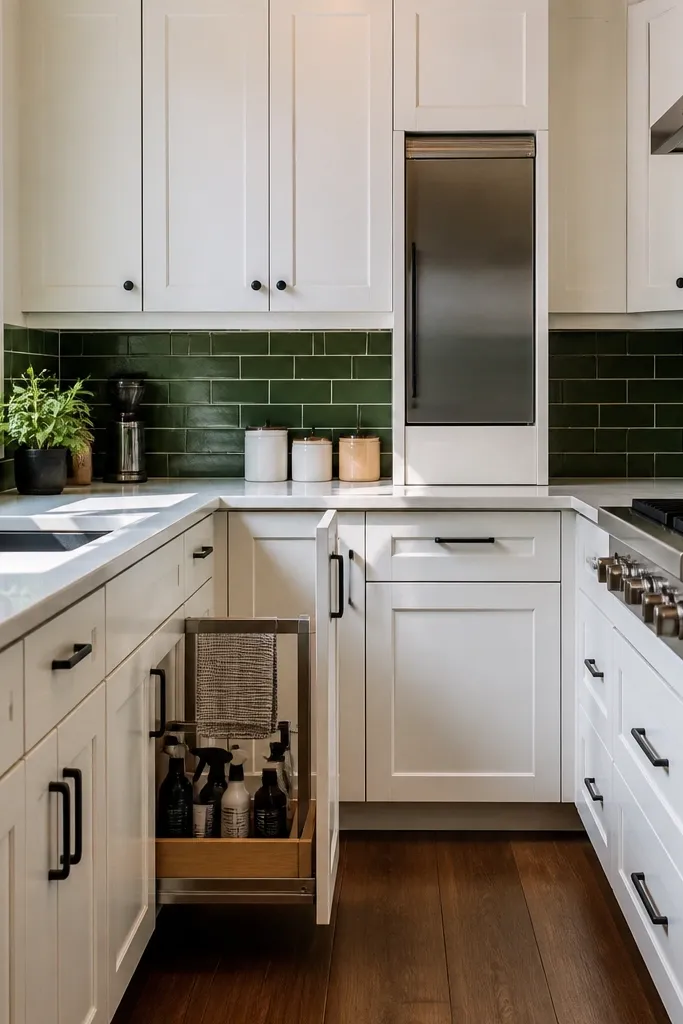 A U-shaped kitchen with off-white cabinets and a built-in slim appliance garage between the counter and a tall cabinet. The backsplash is mostly white tile, but there is a 6-inch contrasting tile band in muted terracotta running the length of the backsplash. Small framed art sits above the coffee nook area. Under-cabinet lighting glows warm, and the counters are clear except for a coffee canister and a fruit bowl.