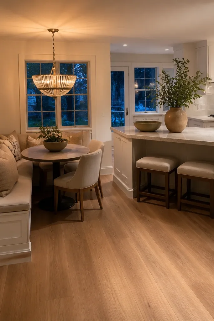 A small kitchen corner opening into a dining area, with a built-in banquette along the wall under upper cabinets. The banquette has a pale linen cushion and a small skirt in textured beige. A round chandelier with clear glass hangs above a narrow dining table area. The backsplash is a simple white tile, and there's a gallery of small framed photos on the wall above the banquette backrest.