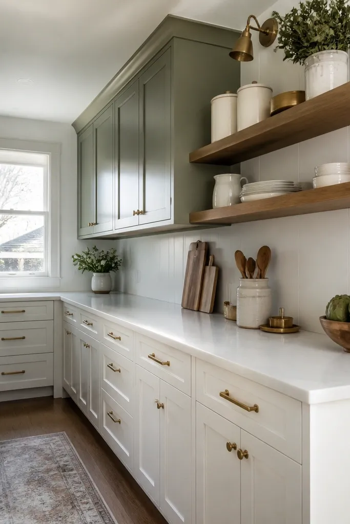 A small kitchen with a two-tone look: upper cabinets are soft sage and lower cabinets are white. The countertop is narrow but continuous, with a backsplash in white glossy tile. Above the counter are two floating shelves in warm oak, holding neatly stacked bowls and a small stack of cookbooks. A narrow runner rug sits in front of the counter, and a slim wall mirror reflects light.
