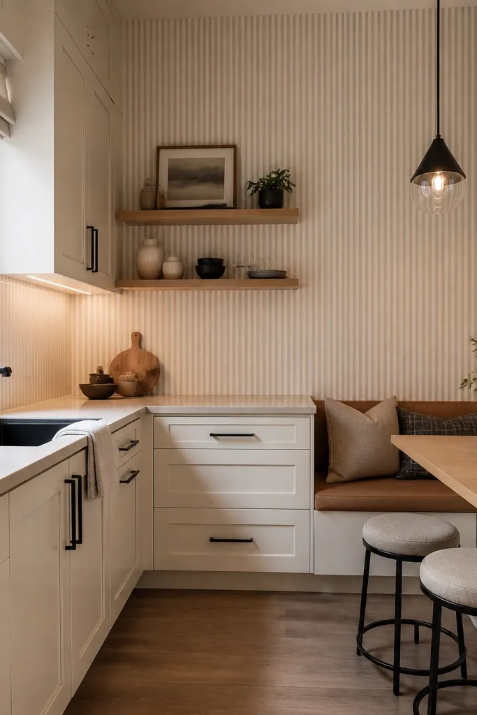 A compact L-shaped kitchen with a small corner seating area using two backless stools tucked into the corner. The backsplash is white tile with subtle vertical stripe accents in pale gray. The cabinets are light wood with white uppers, and the countertop is a light laminate in a stone pattern. A narrow shelf above the seating holds a small plant in a white pot and a few matching ceramic jars. The wall has a tall, narrow mirror near the corner.