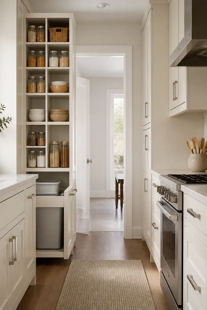 A narrow galley kitchen with a tall open pantry tower on one side - shelves are visible behind a simple frame. Below, a pull-out trash drawer sits under the counter. The backsplash is neutral stone-look tile, and there's a small framed chalkboard menu above a mini coffee shelf. The countertops are mostly clear, with only a cutting board and a utensil crock.