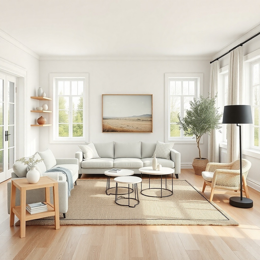 Light off-white living room walls with matching trim and airy natural light