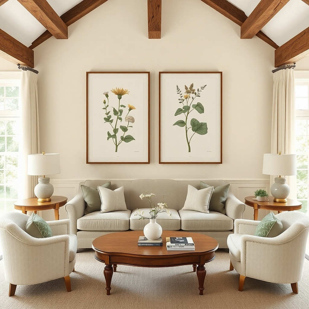 Two wide framed prints hung higher above a sofa in a bright living room