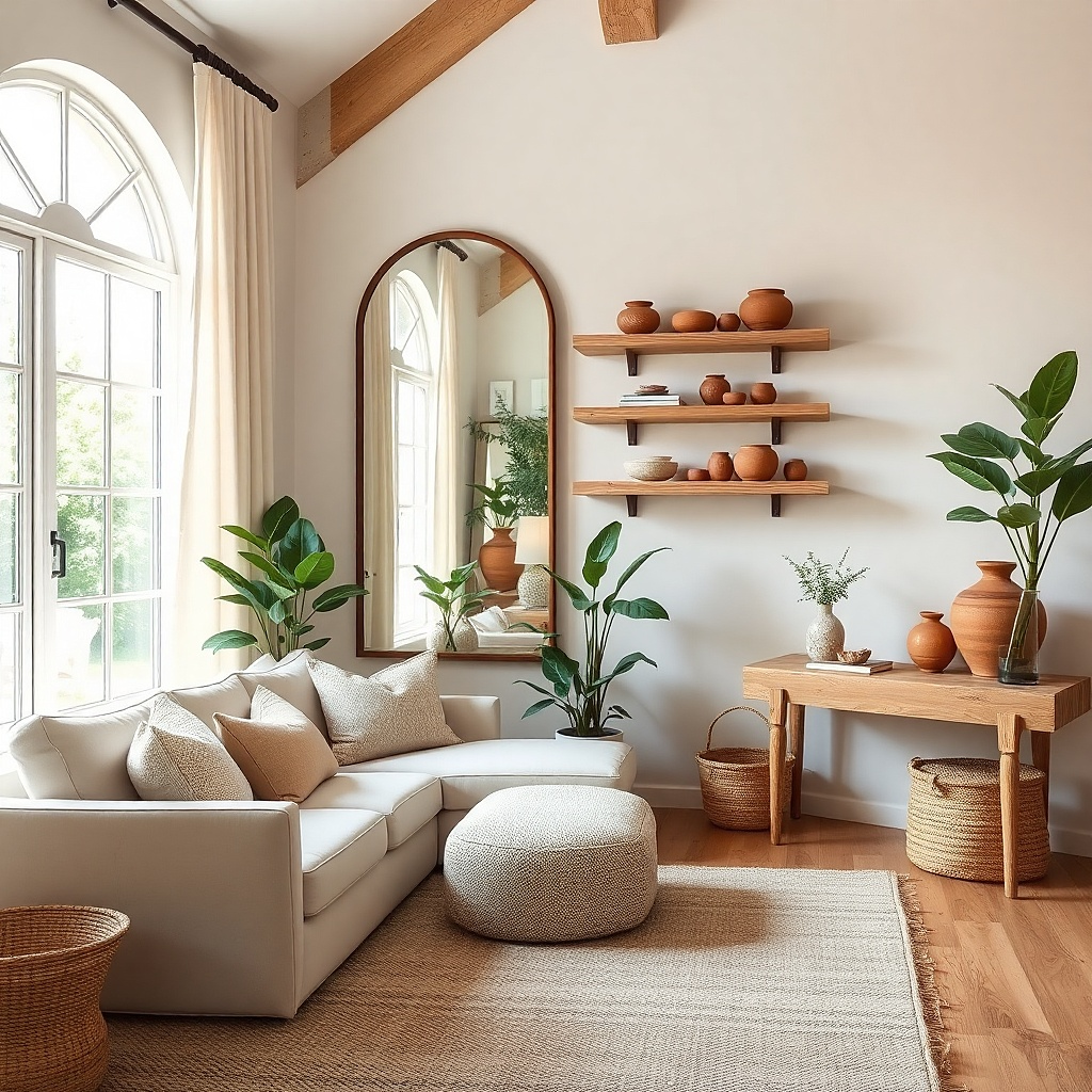 Thin-framed rectangular mirror angled to bounce light in a small living room
