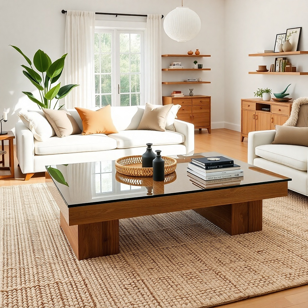 Clear glass coffee table with a light wood base in a bright living room