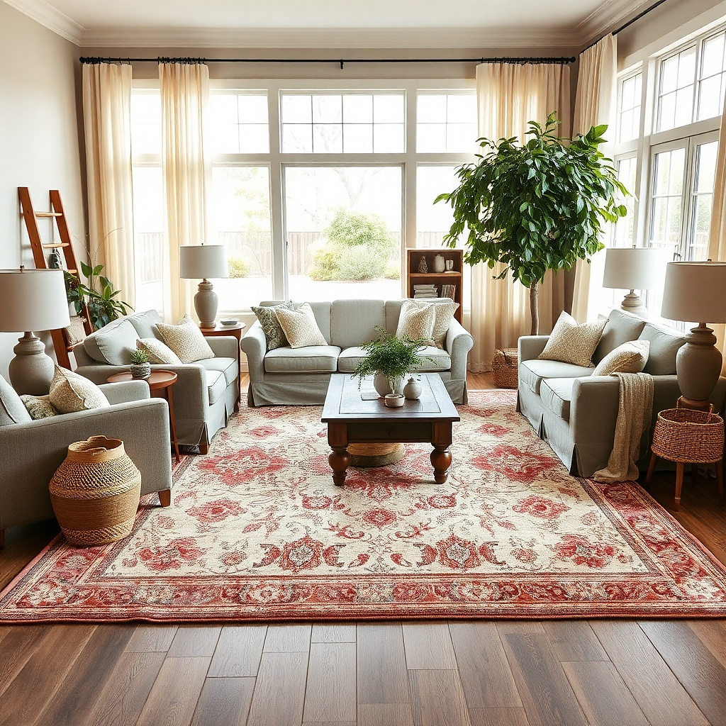 Large rug with sofa and chairs placed so front legs sit on it