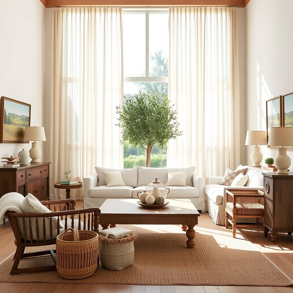 Floor-length curtains hung close to the ceiling above a small living room window
