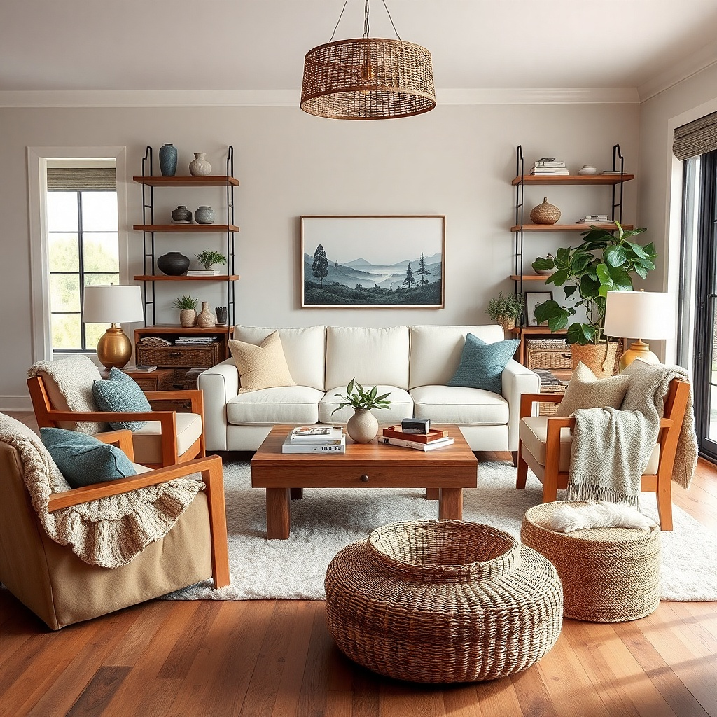 Light neutral sofa with straight arms in a small living room