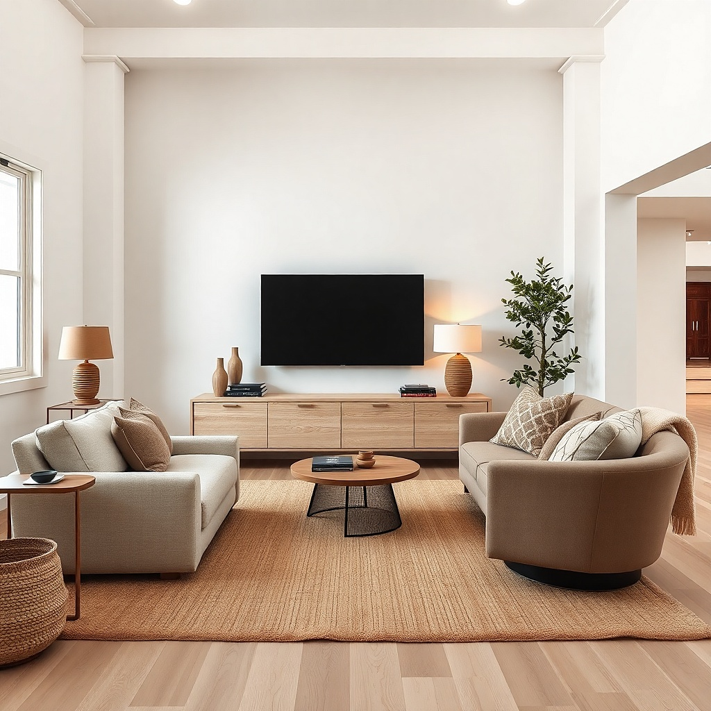 Low media console with open shelves and decor in a small living room